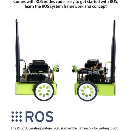 Waveshare JetBot AI Kit for DIY Smart Robot Projects showing dual small green-wheeled Jetson Nano robots with antennas and ROS education text