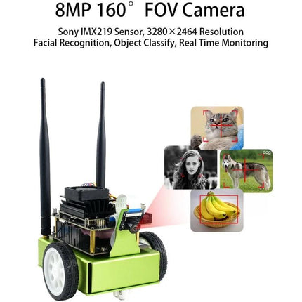 Waveshare JetBot AI Kit for DIY Smart Robot Projects green robot with 8MP 160° FOV camera showing facial recognition and object tracking