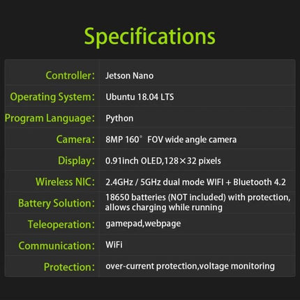 Waveshare JetBot AI Kit for DIY Smart Robot Projects showing specifications: Jetson Nano, Ubuntu 18.04, Python, 8MP camera, OLED display, WiFi, Bluetooth