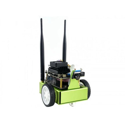 Waveshare JetBot AI Kit for DIY Smart Robot Projects small green two-wheeled Jetson Nano powered robot with antennas
