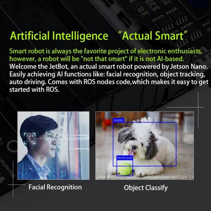 Waveshare JetBot AI Kit for DIY Smart Robot Projects showing facial recognition and object tracking demo with Jetson Nano