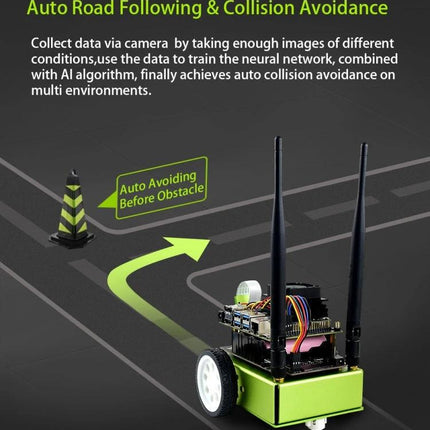 Waveshare JetBot AI Kit for DIY Smart Robot Projects showing autonomous road-following robot avoiding obstacle with Jetson Nano board