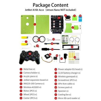 Waveshare JetBot AI Kit Accessories for Jetson Nano with US Plug - kit parts layout including expansion board, camera, motors, power adapter, and accessories
