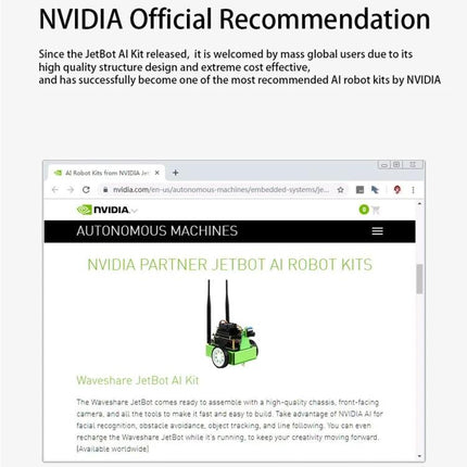 Waveshare JetBot AI Kit Accessories for Jetson Nano with US Plug showing NVIDIA recommendation and JetBot product page