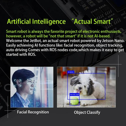 Waveshare JetBot AI Kit Accessories for Jetson Nano with US Plug showing facial recognition and object tracking demo images