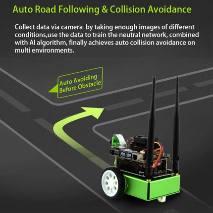 Waveshare JetBot AI Kit Accessories for Jetson Nano with US Plug showing green wheeled robot demonstrating auto road following and collision avoidance