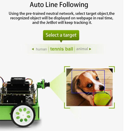 Waveshare JetBot AI Kit Accessories for Jetson Nano with US Plug showing JetBot tracking a tennis ball using camera for object recognition