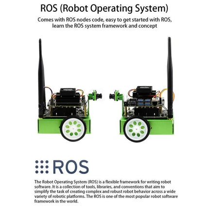 Waveshare JetBot AI Kit Accessories for Jetson Nano with US Plug two green JetBot robots demonstrating ROS setup and camera modules