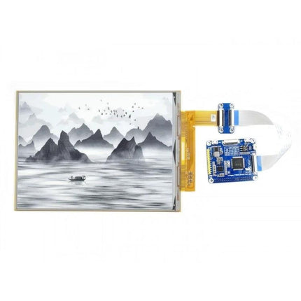 Waveshare 10.3 Inch Flexible E-Ink Display for Raspberry Pi showing bendable HAT with grayscale landscape image and connector board