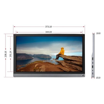 Waveshare 15.6-Inch Portable Touch Monitor for Raspberry Pi — 15.6" FHD capacitive touch portable display with dimensions and side ports