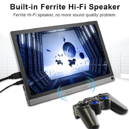 Waveshare 15.6-Inch Portable Touch Monitor for Raspberry Pi showing sci-fi display with built-in ferrite Hi‑Fi speaker and game controller