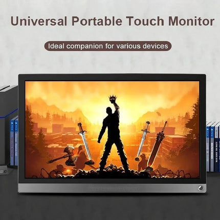 Waveshare 15.6-Inch Portable Touch Monitor for Raspberry Pi showing game artwork on a 1920x1080 capacitive touch screen
