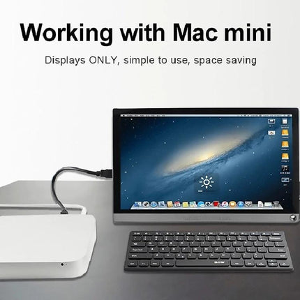 Waveshare 15.6-Inch Portable Touch Monitor for Raspberry Pi showing desktop display connected to a Mac mini as a secondary screen