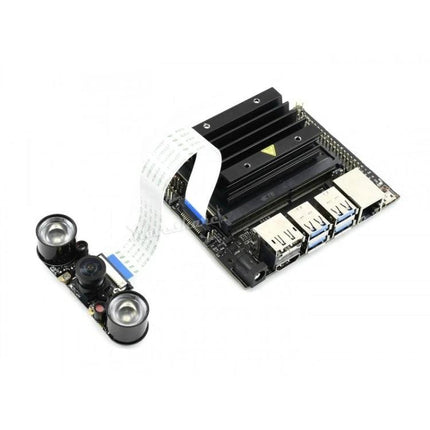 Waveshare Wide-Angle Infrared Camera for Low-Light Imaging connected to NVIDIA Jetson Nano board with ribbon cable and IR LEDs