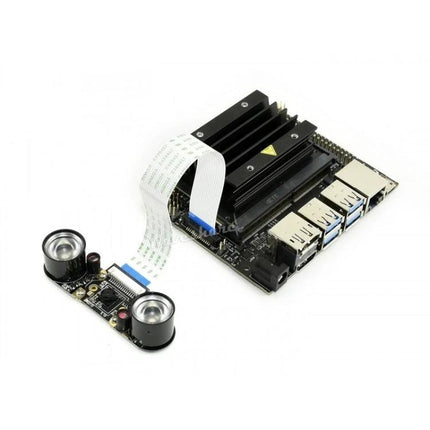 Waveshare Infrared Camera for Jetson Nano Development Projects connected to Jetson Nano board with ribbon cable and dual IR LEDs, IMX219 8MP low-light imaging