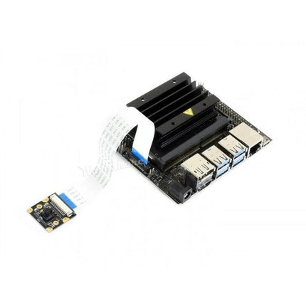 Waveshare Wide-Angle Camera for Jetson Nano Projects connected to Jetson Nano board with ribbon cable, 8MP wide-angle module for computer vision