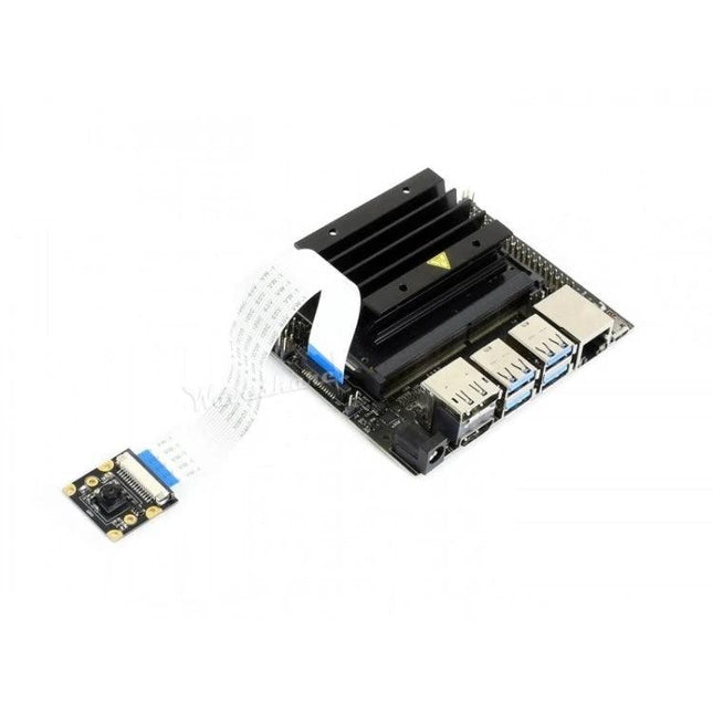 Waveshare Wide-Angle Camera for Jetson Nano Projects connected to Jetson Nano board with ribbon cable, 8MP wide-angle module for computer vision