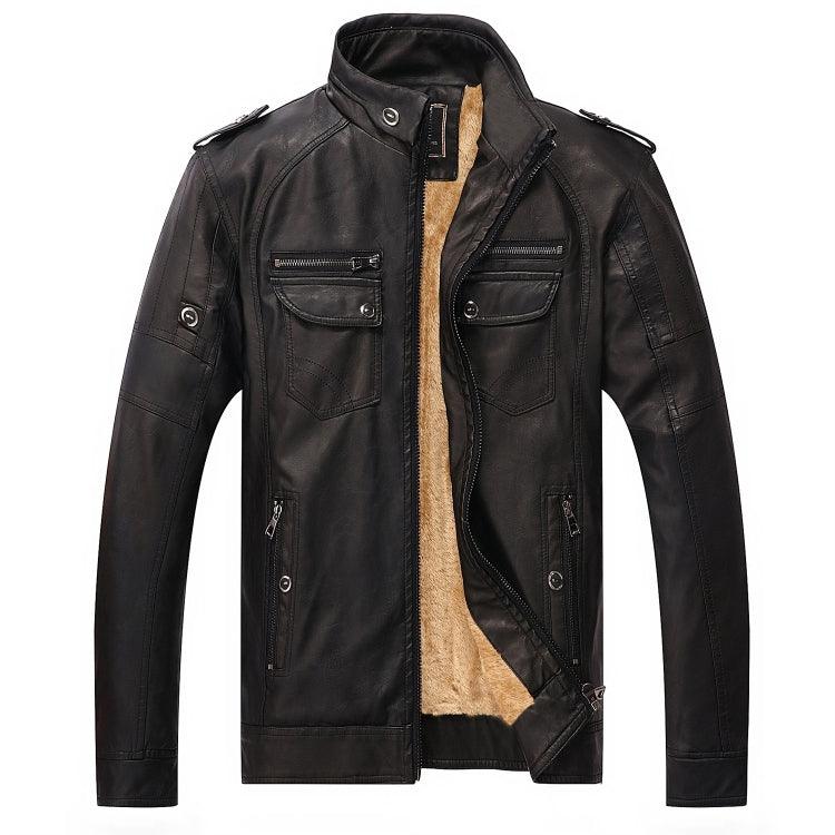 Men's Casual Velvet PU Leather Jacket with Side Pockets