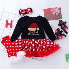 Festive Cotton Dot Print Long Sleeve Dress Set for Girls - Christmas Edition (Size: 80)