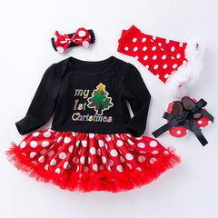 Festive Cotton Dot Print Long Sleeve Dress Set for Girls - Christmas Edition (Size: 80)