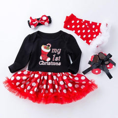 Festive Cotton Dot Print Long Sleeve Dress Set for Girls - Christmas Edition (Size: 80)