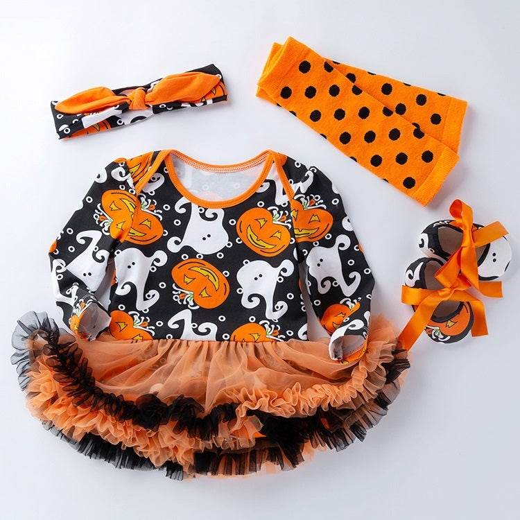 Halloween Pumpkin Dress Long Sleeve Baby Cotton Romper Set