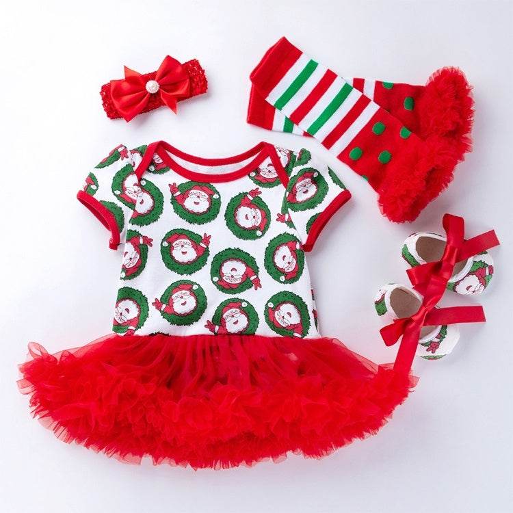 Four-Piece Baby Short-Sleeved Christmas Cartoon Print Dress Set