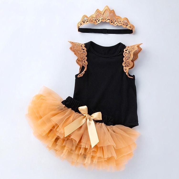 Three-Piece Black Sleeveless Romper with Winged Design and Mesh Skirted Pants for Babies