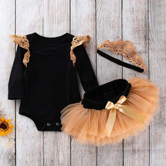 Three-Piece Black Long-Sleeve Winged Romper with Mesh Skirted Pants for Infants