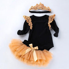 Three-Piece Black Long-Sleeve Winged Romper with Mesh Skirted Pants for Infants