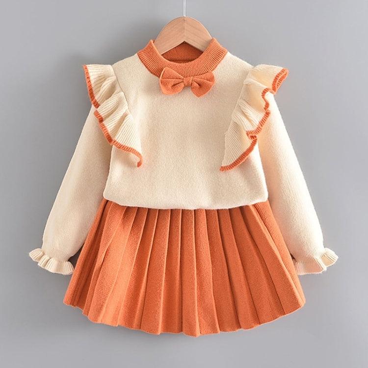 Girls Stylish Pullover Knitted Sweater Set with Flying Sleeves