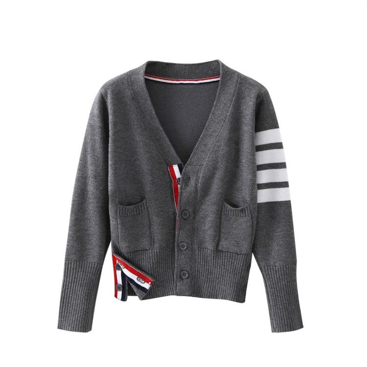 V-Neck Striped Long Sleeve Sweater Coat for Girls