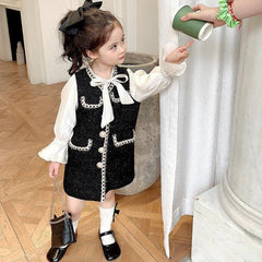 Girls Elegant Pearl-Embellished Ruffle Dress