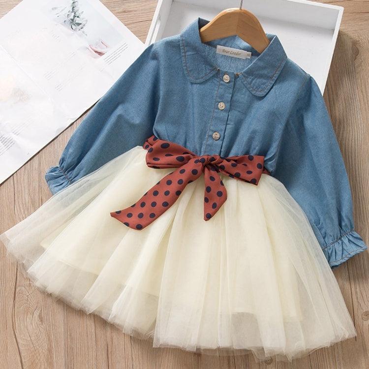 Denim and Mesh Girls Dress with Removable Polka Dot Belt Skirt Set