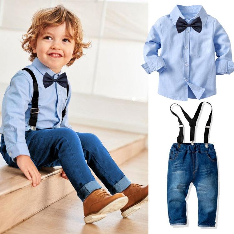 Kids' Stylish Long-Sleeve Shirt with Denim Suspenders and Trouser Set