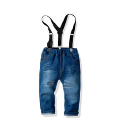 Kids' Stylish Long-Sleeve Shirt with Denim Suspenders and Trouser Set