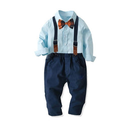 Boys' Stylish Cotton Long-Sleeved Shirt with Suspender Trousers Set