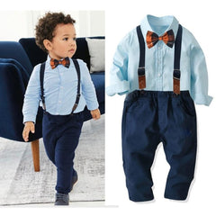 Boys' Stylish Cotton Long-Sleeved Shirt with Suspender Trousers Set