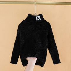 Kids' Cozy Letter Pattern High Neck Velvet Sweater