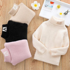 Kids' Cozy Letter Pattern High Neck Velvet Sweater