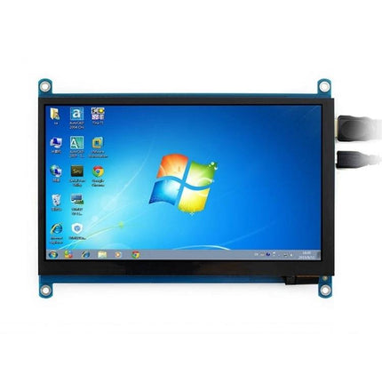 Waveshare 7 Inch Portable IPS Touch Screen for Raspberry Pi showing Windows desktop on a compact portable monitor with touchscreen connections