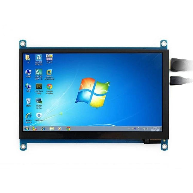 Waveshare 7 Inch Portable IPS Touch Screen for Raspberry Pi showing Windows desktop on a compact portable monitor with touchscreen connections