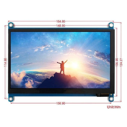 Waveshare 7 Inch Portable IPS Touch Screen for Raspberry Pi - portable IPS display showing scenic sunrise image, mounting holes and dimensions