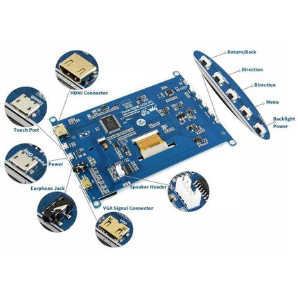 Waveshare 7 Inch Portable IPS Touch Screen for Raspberry Pi control board showing HDMI, touch, power, VGA, earphone, speaker header and button labels