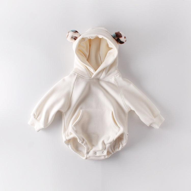 Cotton Fleece Hooded Romper for Newborns - Casual Long Sleeve Unisex Outfit