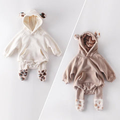 Cotton Fleece Hooded Romper for Newborns - Casual Long Sleeve Unisex Outfit