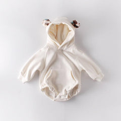 Cotton Fleece Hooded Romper for Newborns - Casual Long Sleeve Unisex Outfit