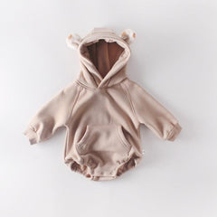 Cotton Fleece Hooded Romper for Newborns - Casual Long Sleeve Unisex Outfit