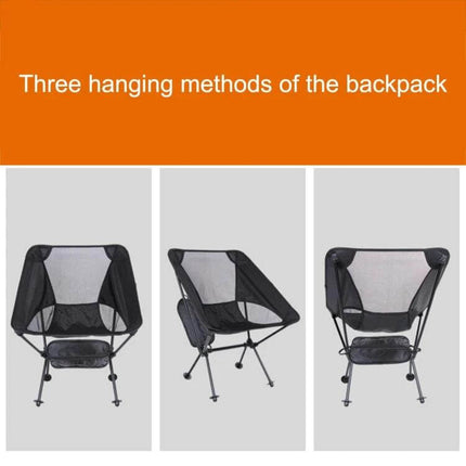 Outdoor Portable Folding Camping Chair Black for Beach and Fishing showing three hanging methods and folded lightweight mesh seat