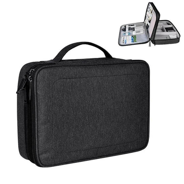 Nylon Waterproof Storage Bag For iPad, Large 29x21x8 Cm - black double-layer organizer for iPad, cables, chargers with handle and zippered compartments